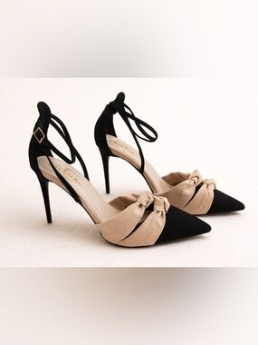 Lulus Black Beige Knot Heels Size 10 Pointed Toe Stiletto Pumps